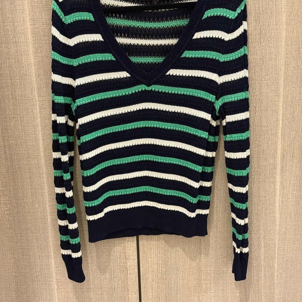 White House Black Market V-Neck Sweater - Green, Black, and White